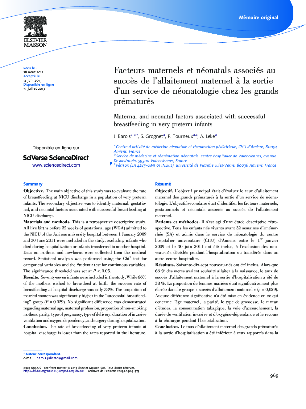 Facteurs maternels et néonatals associés au succès de l’allaitement maternel à la sortie d’un service de néonatologie chez les grands prématurés