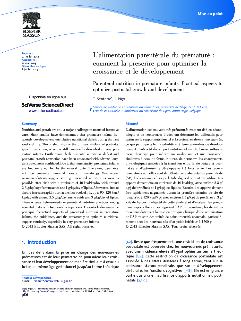 L'alimentation parentérale du prématuréÂ : comment la prescrire pour optimiser la croissance et le développement