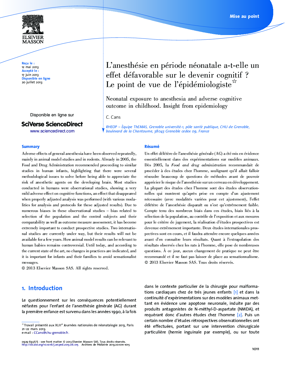 L’anesthésie en période néonatale a-t-elle un effet défavorable sur le devenir cognitif ? Le point de vue de l’épidémiologiste 