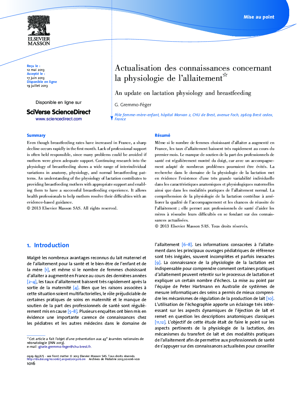 Actualisation des connaissances concernant la physiologie de l’allaitement 