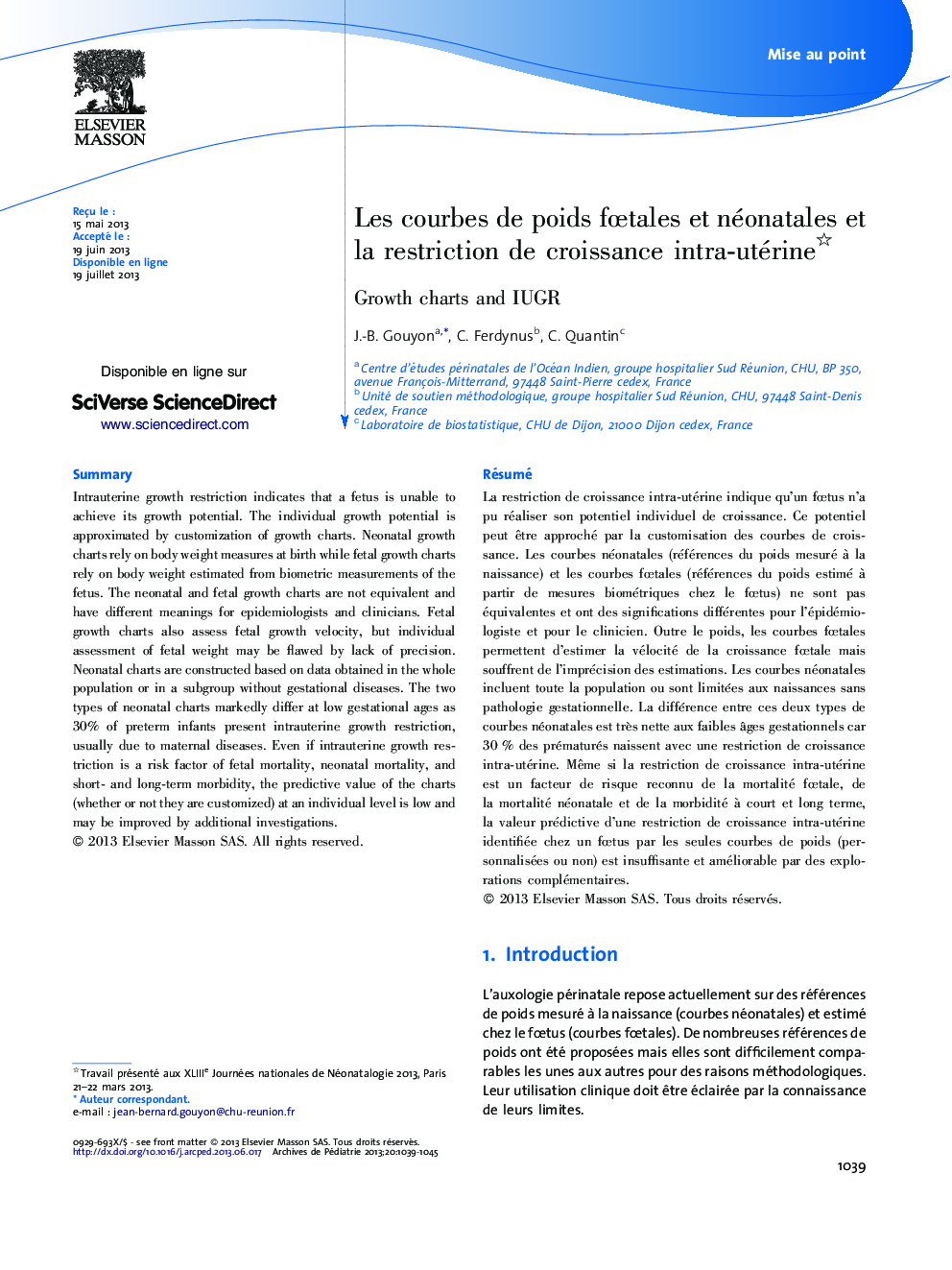 Les courbes de poids fœtales et néonatales et la restriction de croissance intra-utérine 
