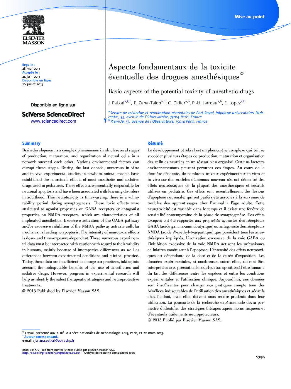 Aspects fondamentaux de la toxicite éventuelle des drogues anesthésiques 