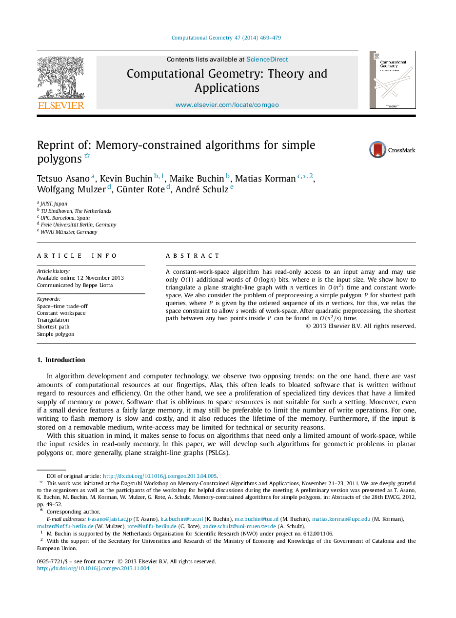 Reprint of: Memory-constrained algorithms for simple polygons 