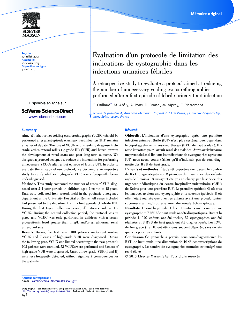 Évaluation d’un protocole de limitation des indications de cystographie dans les infections urinaires fébriles