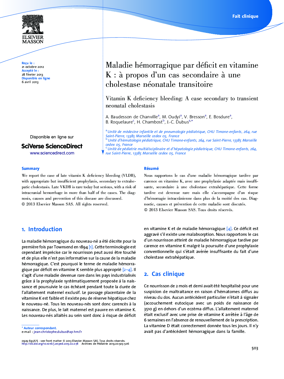 Maladie hémorragique par déficit en vitamine K : à propos d’un cas secondaire à une cholestase néonatale transitoire