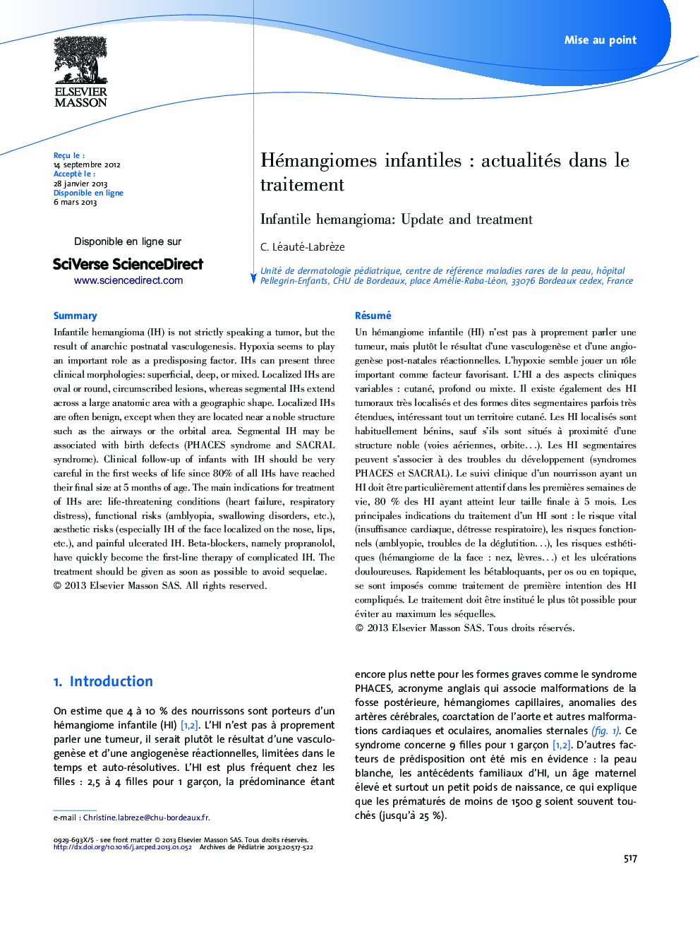 Hémangiomes infantiles : actualités dans le traitement