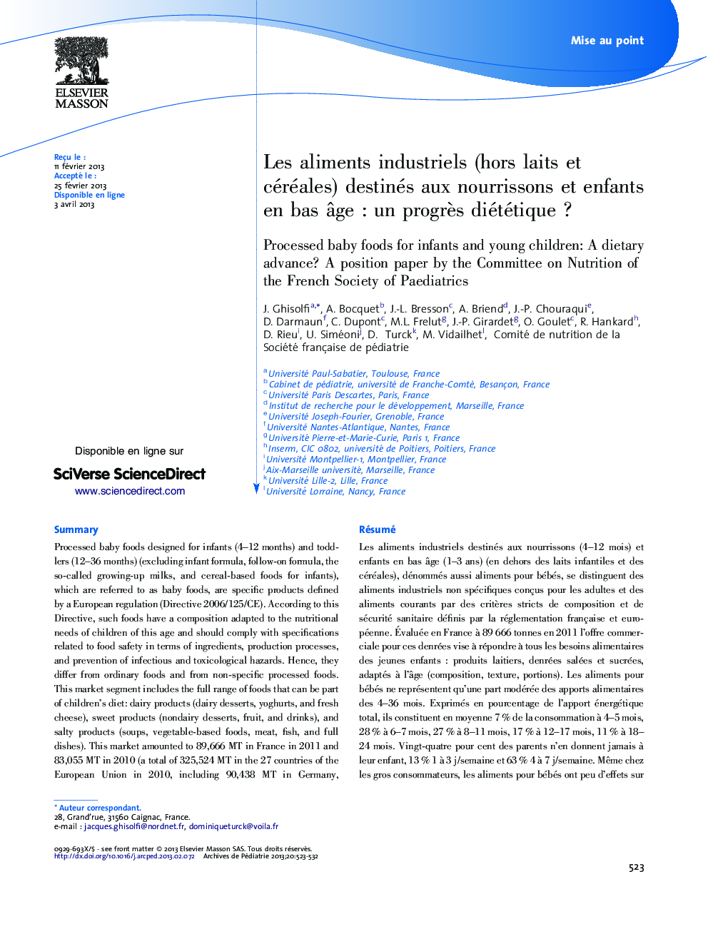 Les aliments industriels (hors laits et céréales) destinés aux nourrissons et enfants en bas âge : un progrès diététique ?