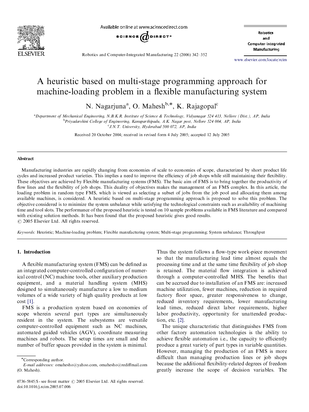 A heuristic based on multi-stage programming approach for machine-loading problem in a flexible manufacturing system