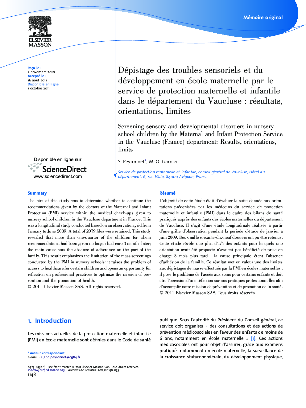 Dépistage des troubles sensoriels et du développement en école maternelle par le service de protection maternelle et infantile dans le département du Vaucluse : résultats, orientations, limites