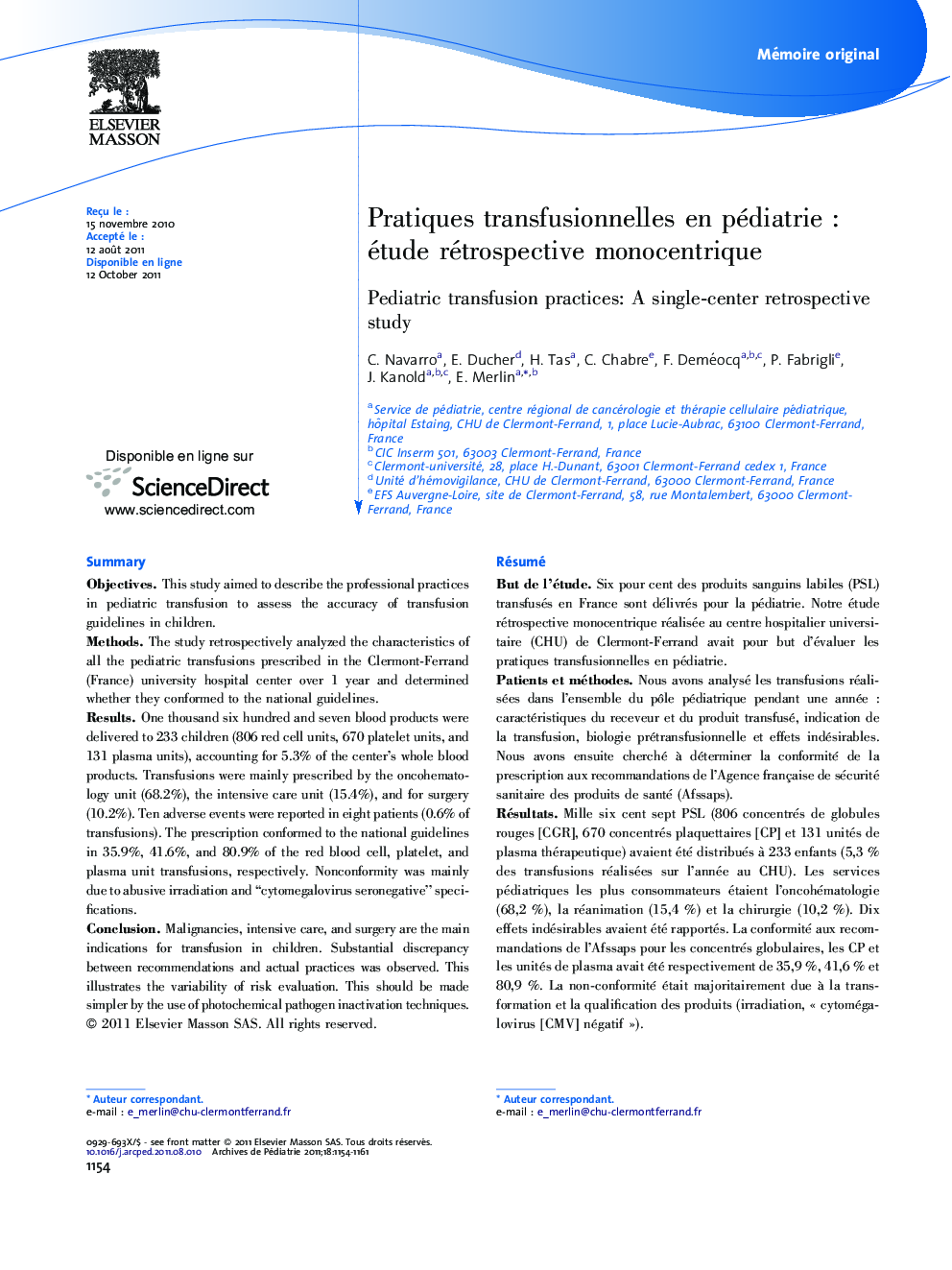 Pratiques transfusionnelles en pédiatrieÂ : étude rétrospective monocentrique
