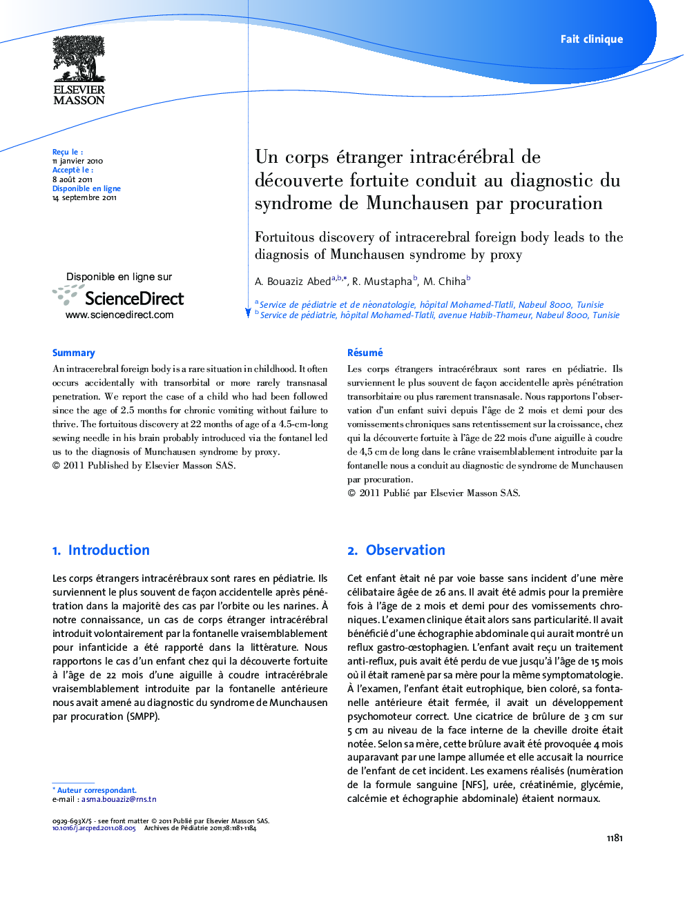 Un corps étranger intracérébral de découverte fortuite conduit au diagnostic du syndrome de Munchausen par procuration