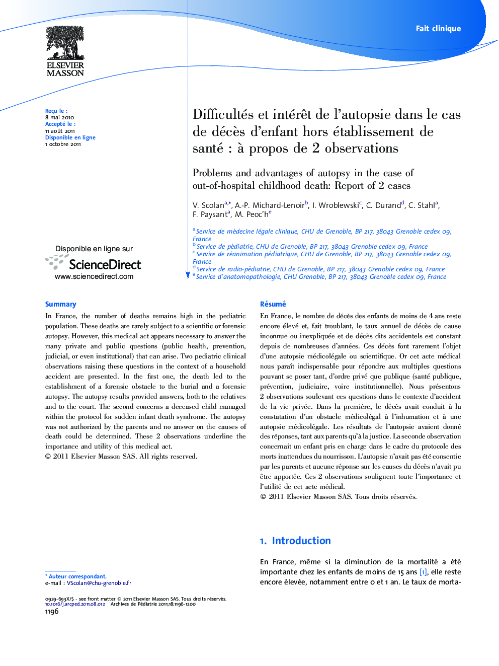 Difficultés et intérêt de l’autopsie dans le cas de décès d’enfant hors établissement de santé : à propos de 2 observations