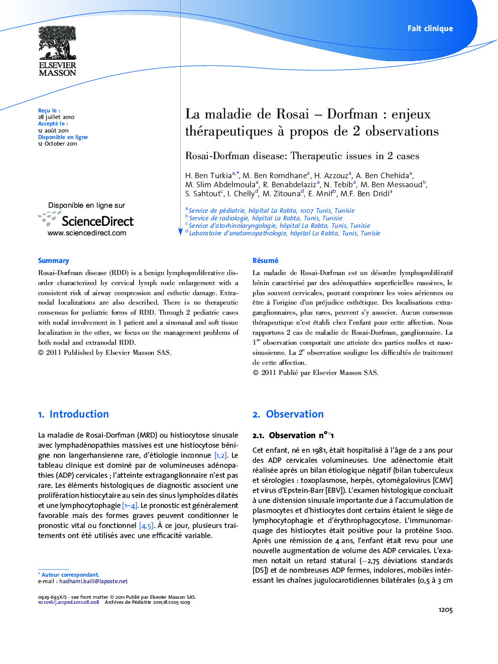 La maladie de Rosai – Dorfman : enjeux thérapeutiques à propos de 2 observations