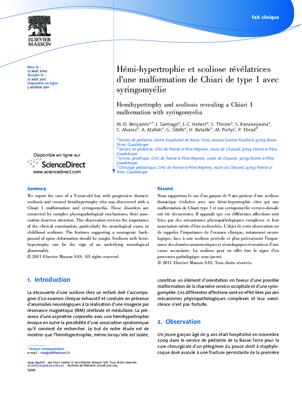 Hémi-hypertrophie et scoliose révélatrices d’une malformation de Chiari de type 1 avec syringomyélie