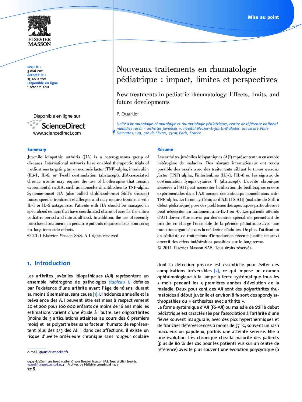 Nouveaux traitements en rhumatologie pédiatrique : impact, limites et perspectives