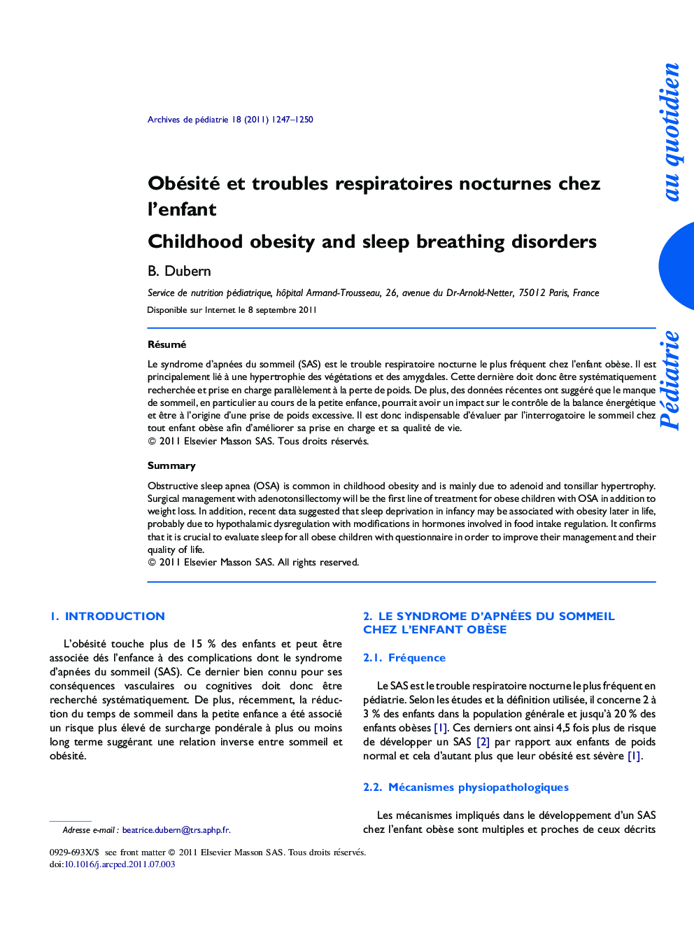 Obésité et troubles respiratoires nocturnes chez l’enfant
