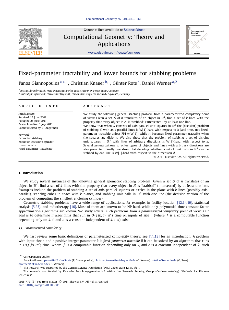 Fixed-parameter tractability and lower bounds for stabbing problems