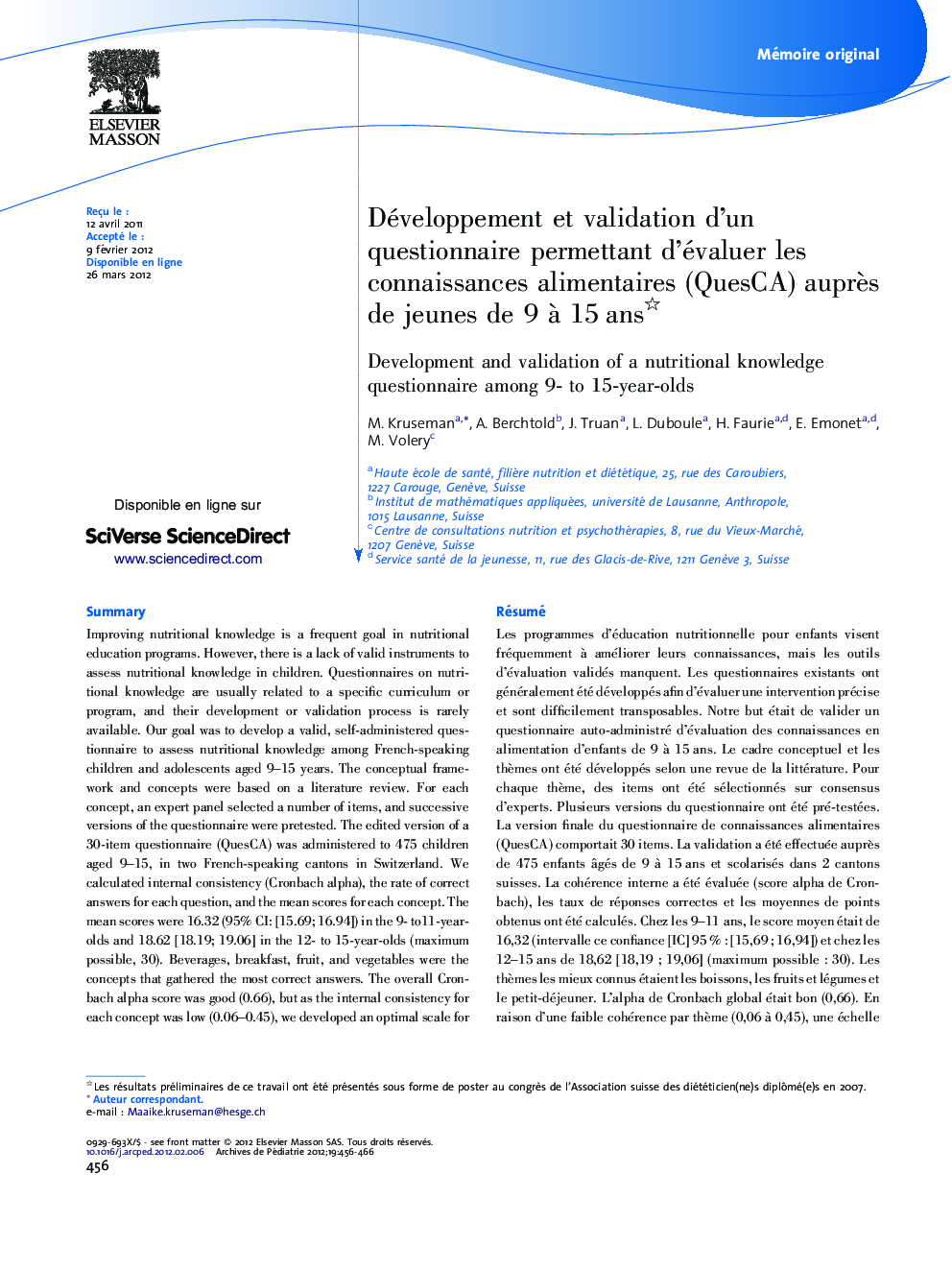 Développement et validation d’un questionnaire permettant d’évaluer les connaissances alimentaires (QuesCA) auprès de jeunes de 9 à 15 ans 