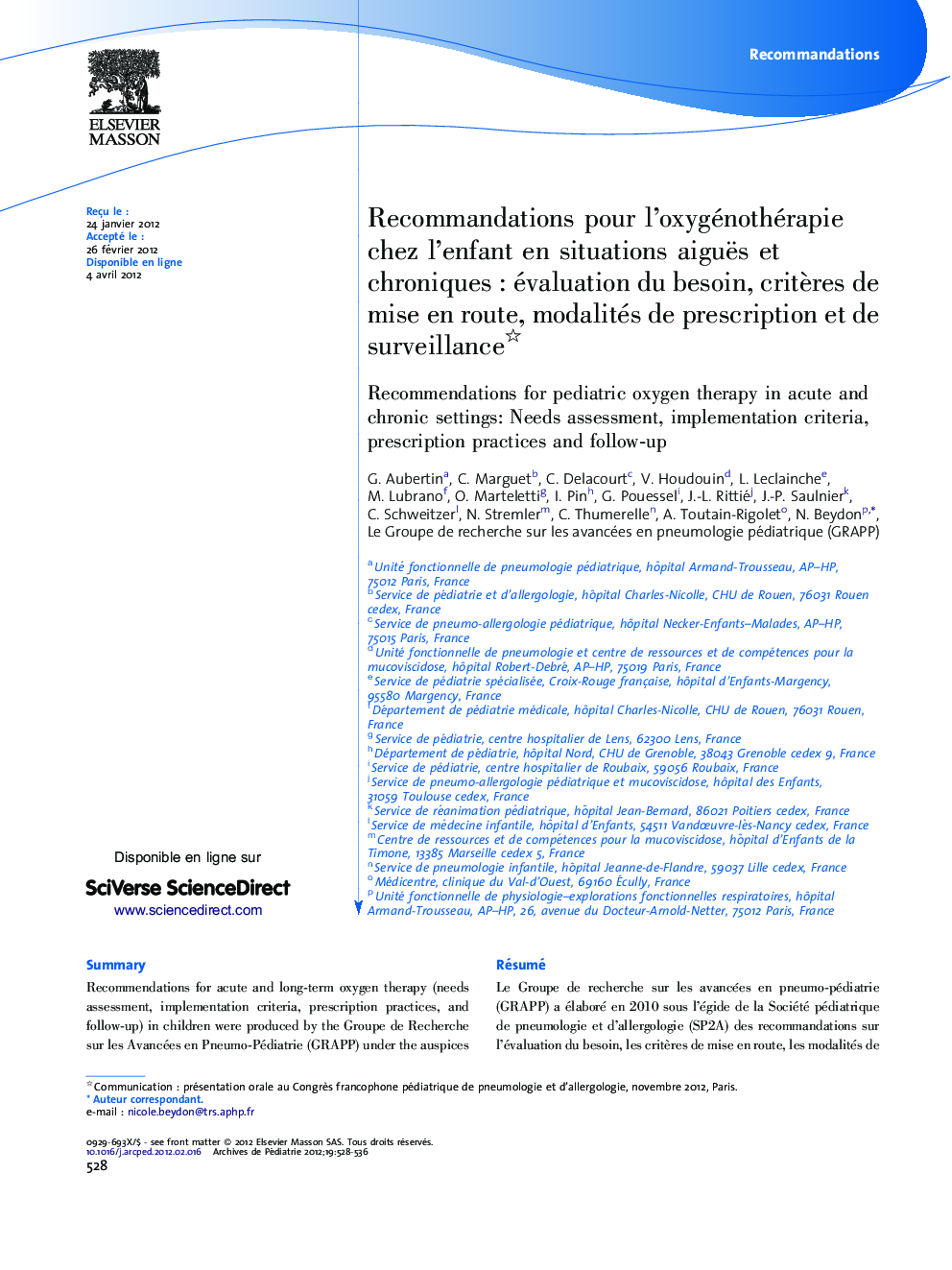 Recommandations pour l’oxygénothérapie chez l’enfant en situations aiguës et chroniques : évaluation du besoin, critères de mise en route, modalités de prescription et de surveillance 