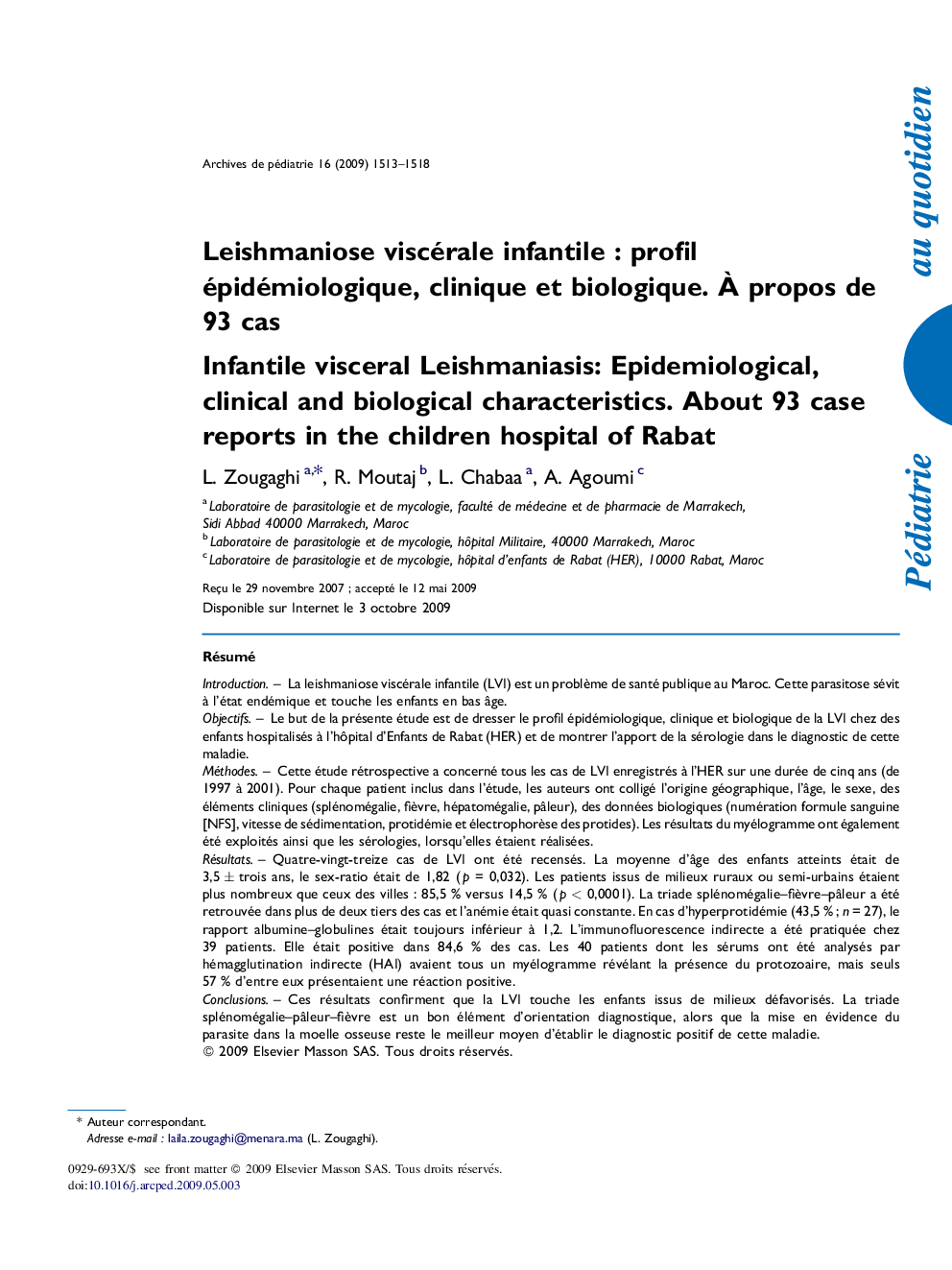 Leishmaniose viscérale infantile : profil épidémiologique, clinique et biologique. À propos de 93 cas