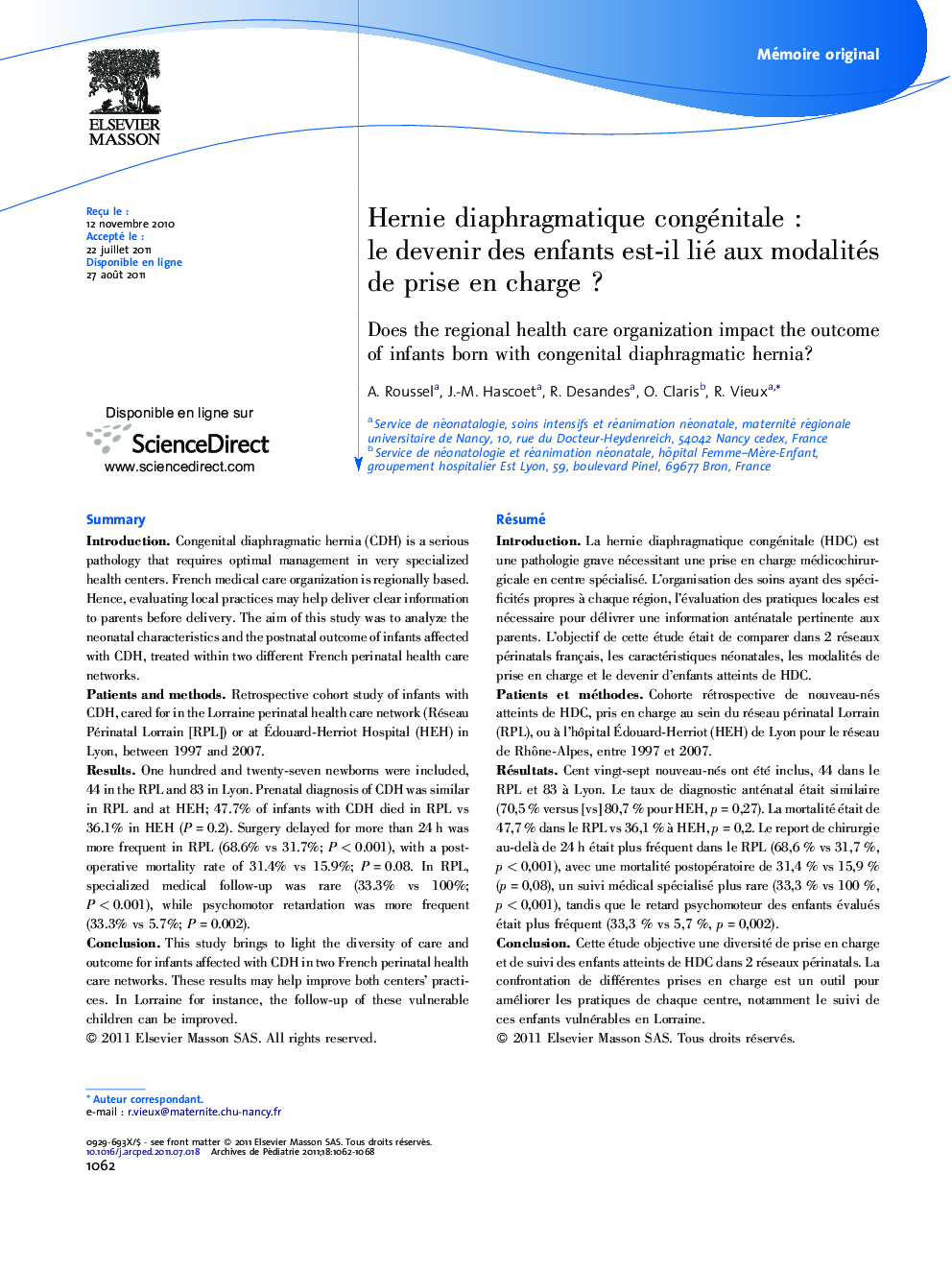 Hernie diaphragmatique congénitale : le devenir des enfants est-il lié aux modalités de prise en charge ?