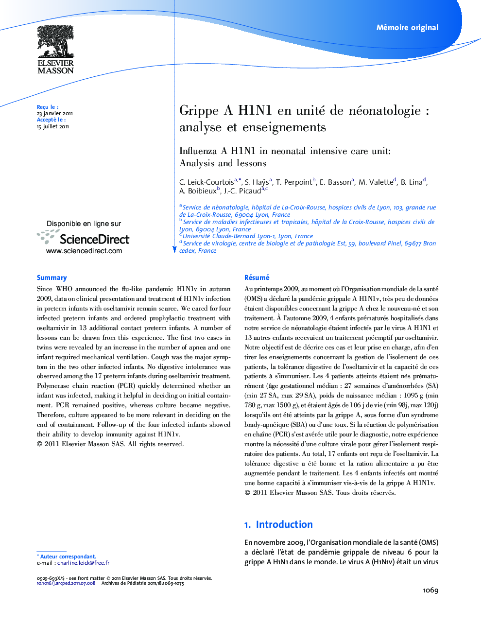 Grippe A H1N1Â en unité de néonatologieÂ : analyse et enseignements