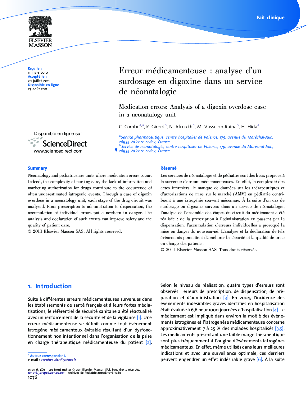 Erreur médicamenteuseÂ : analyse d'un surdosage en digoxine dans un service de néonatalogie