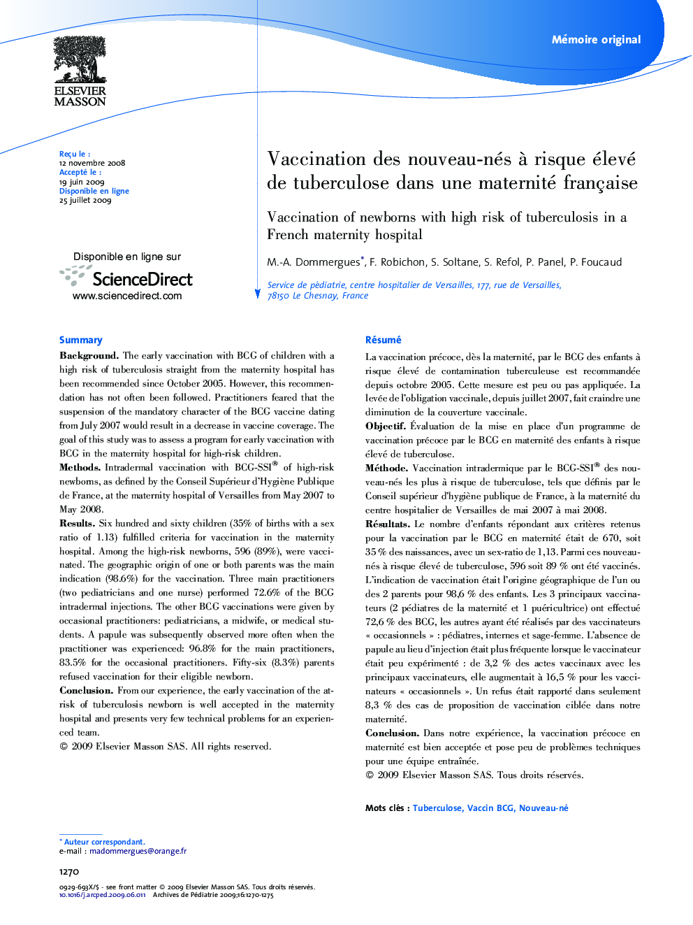 Vaccination des nouveau-nés à risque élevé de tuberculose dans une maternité française