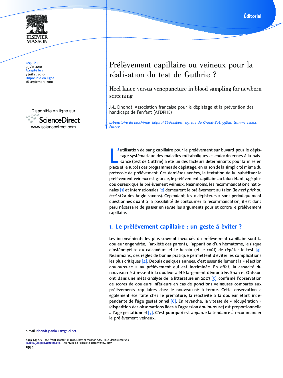 PrélÃ¨vement capillaire ou veineux pour la réalisation du test de GuthrieÂ ?