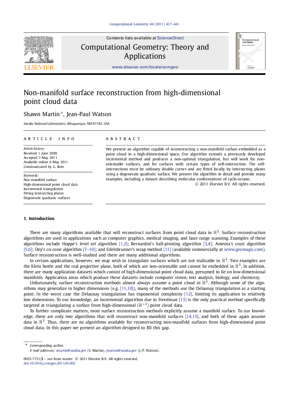 Non-manifold surface reconstruction from high-dimensional point cloud data