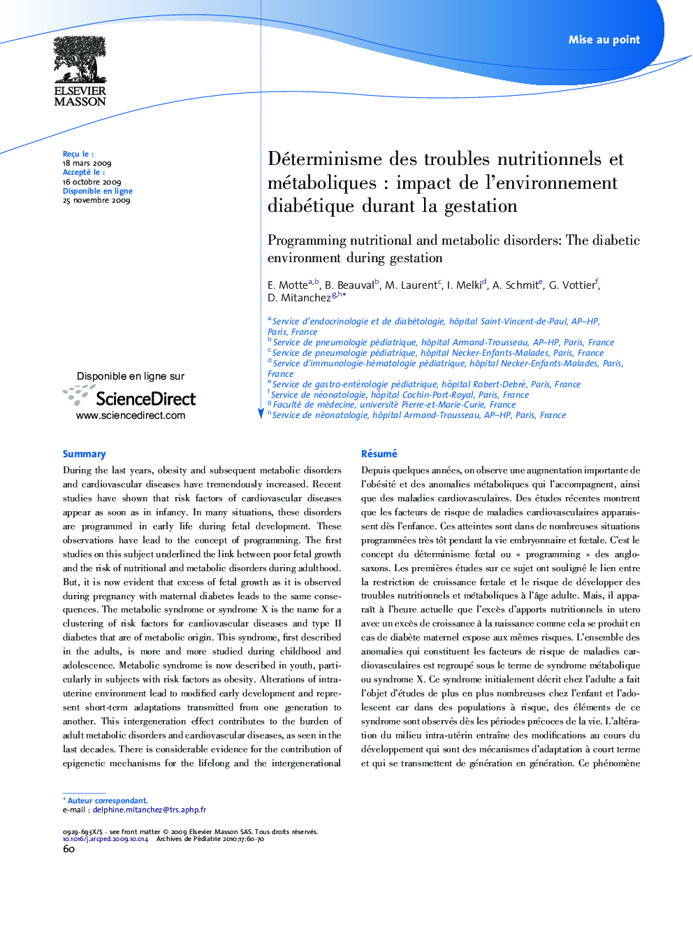 Déterminisme des troubles nutritionnels et métaboliques : impact de l’environnement diabétique durant la gestation