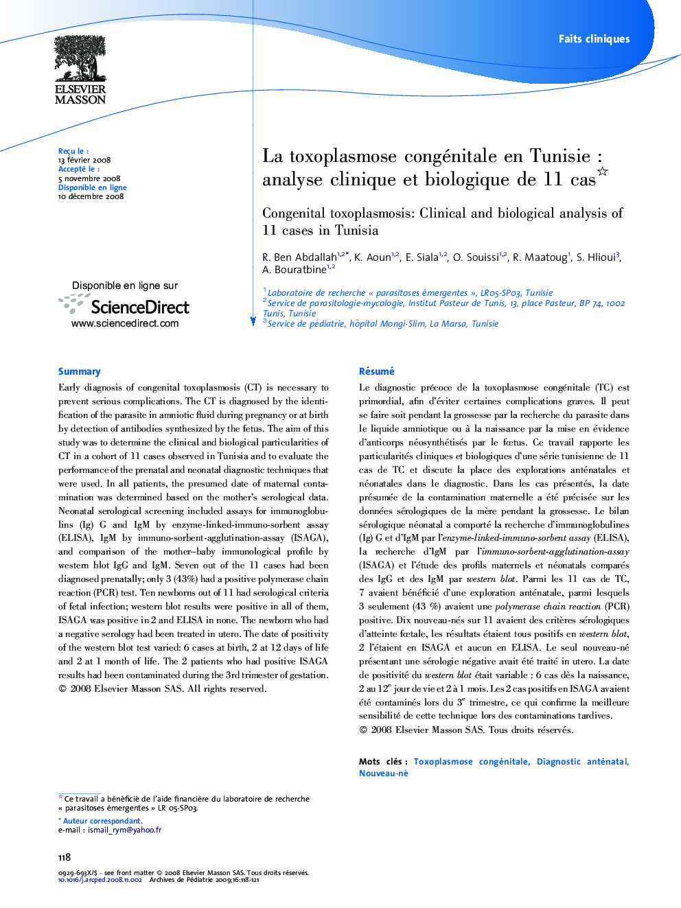 La toxoplasmose congénitale en Tunisie : analyse clinique et biologique de 11 cas 