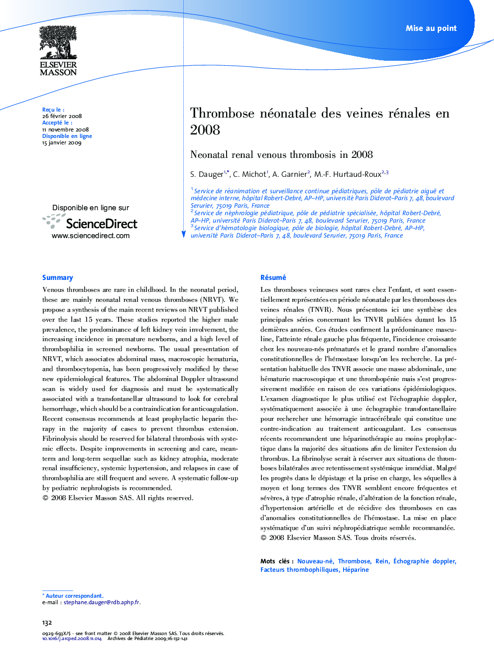 Thrombose néonatale des veines rénales en 2008