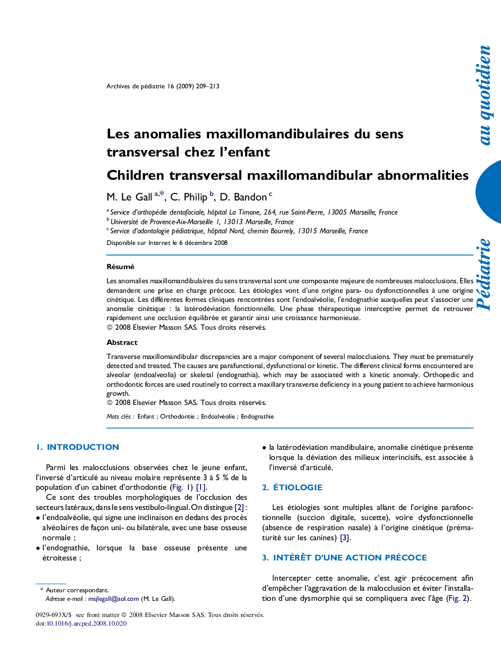 Les anomalies maxillomandibulaires du sens transversal chez l’enfant