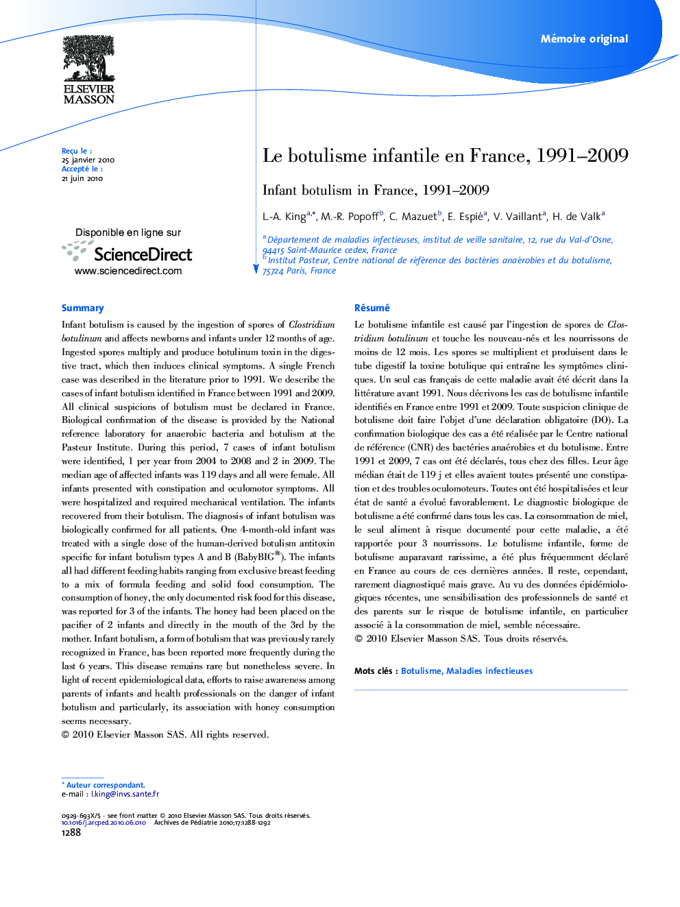 Le botulisme infantile en France, 1991–2009