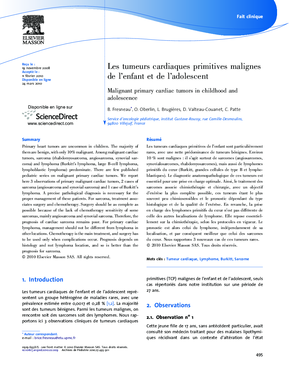 Les tumeurs cardiaques primitives malignes de l’enfant et de l’adolescent