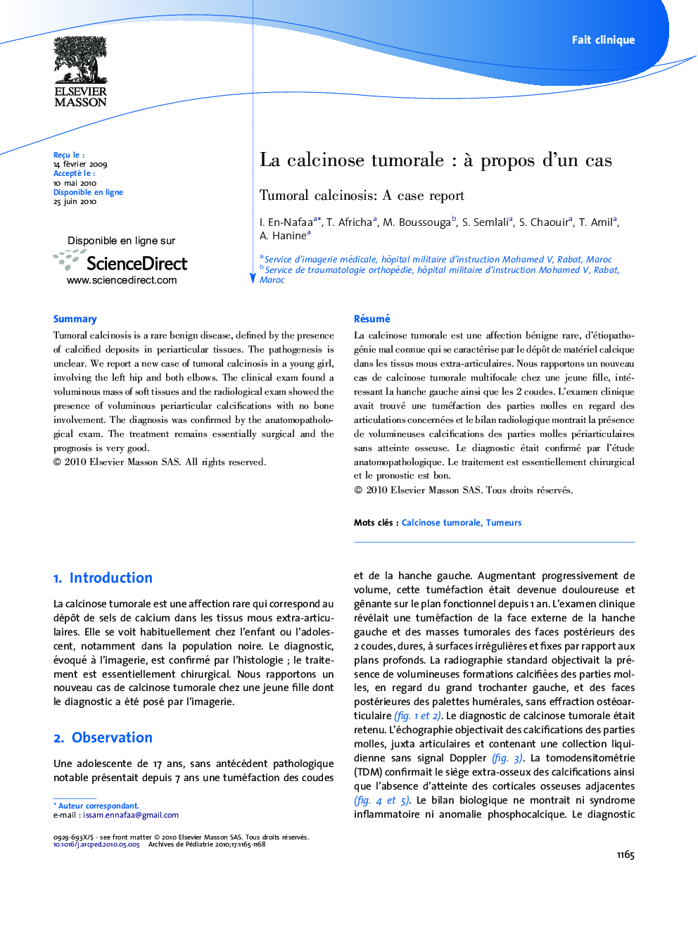 La calcinose tumorale : à propos d’un cas