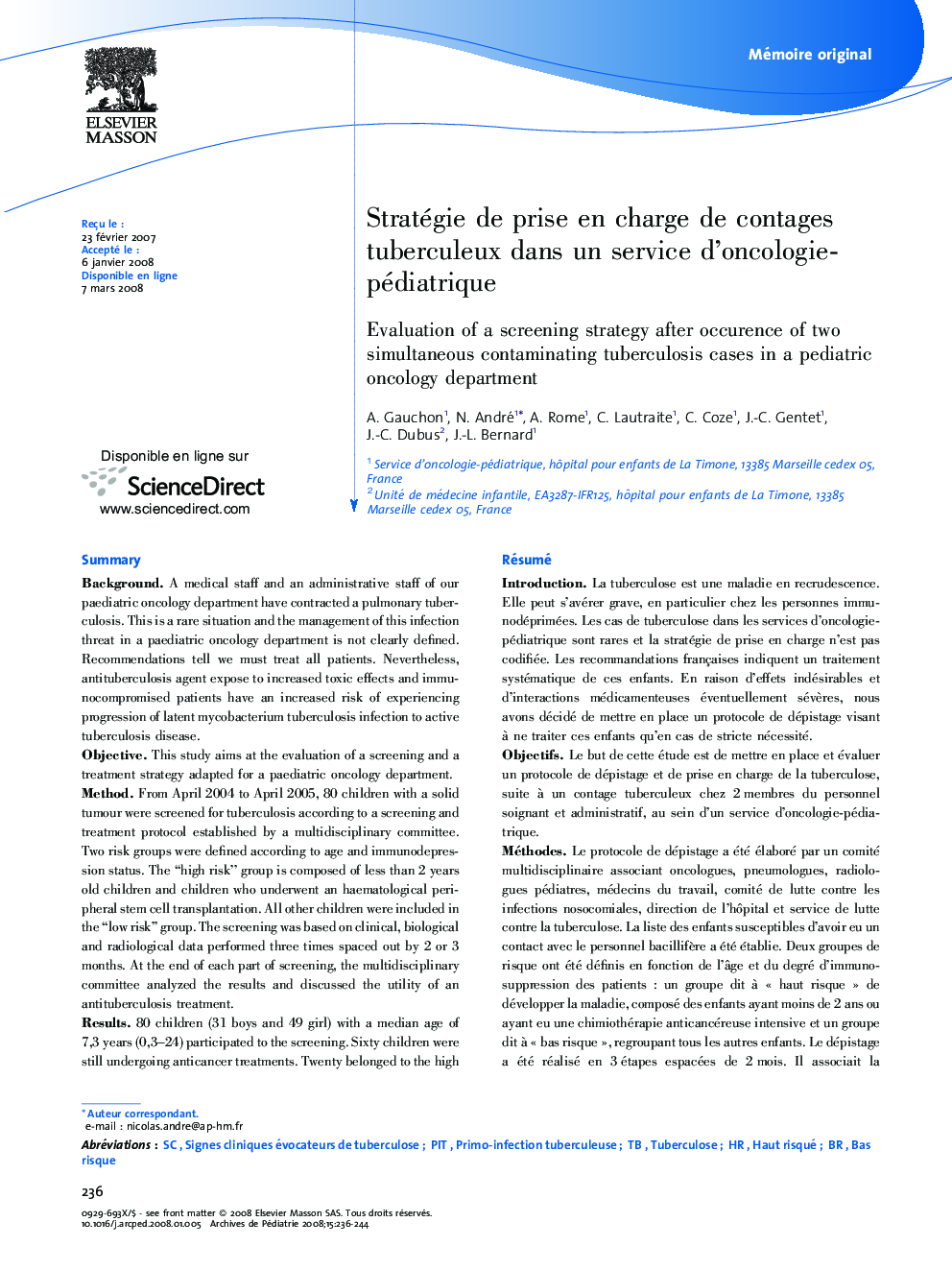 Stratégie de prise en charge de contages tuberculeux dans un service d'oncologie-pédiatrique