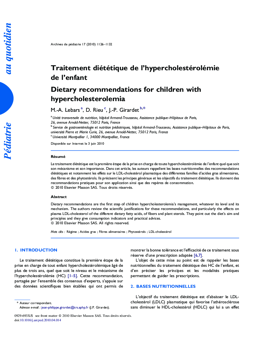 Traitement diététique de l’hypercholestérolémie de l’enfant