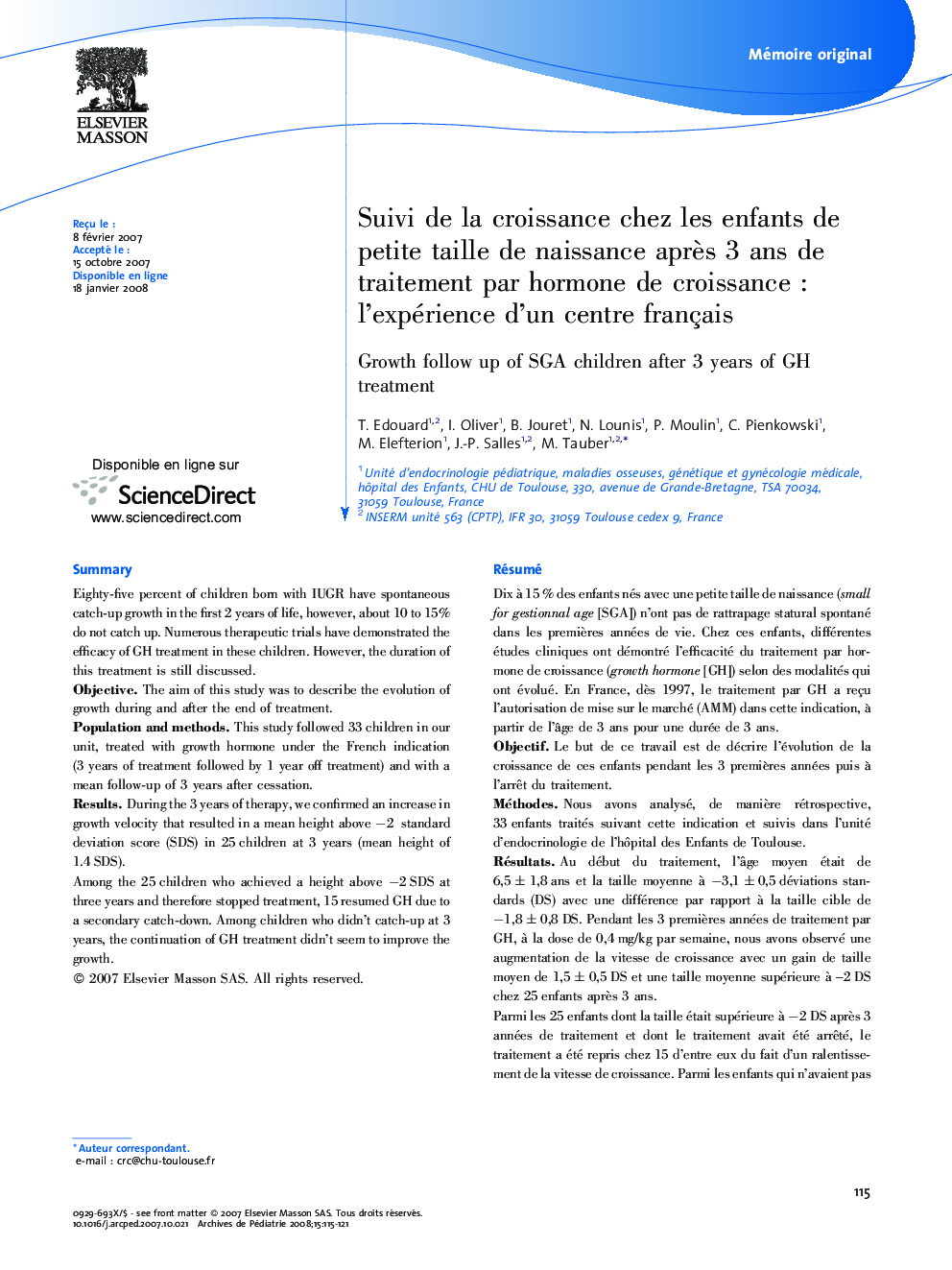 Suivi de la croissance chez les enfants de petite taille de naissance après 3 ans de traitement par hormone de croissance : l’expérience d’un centre français