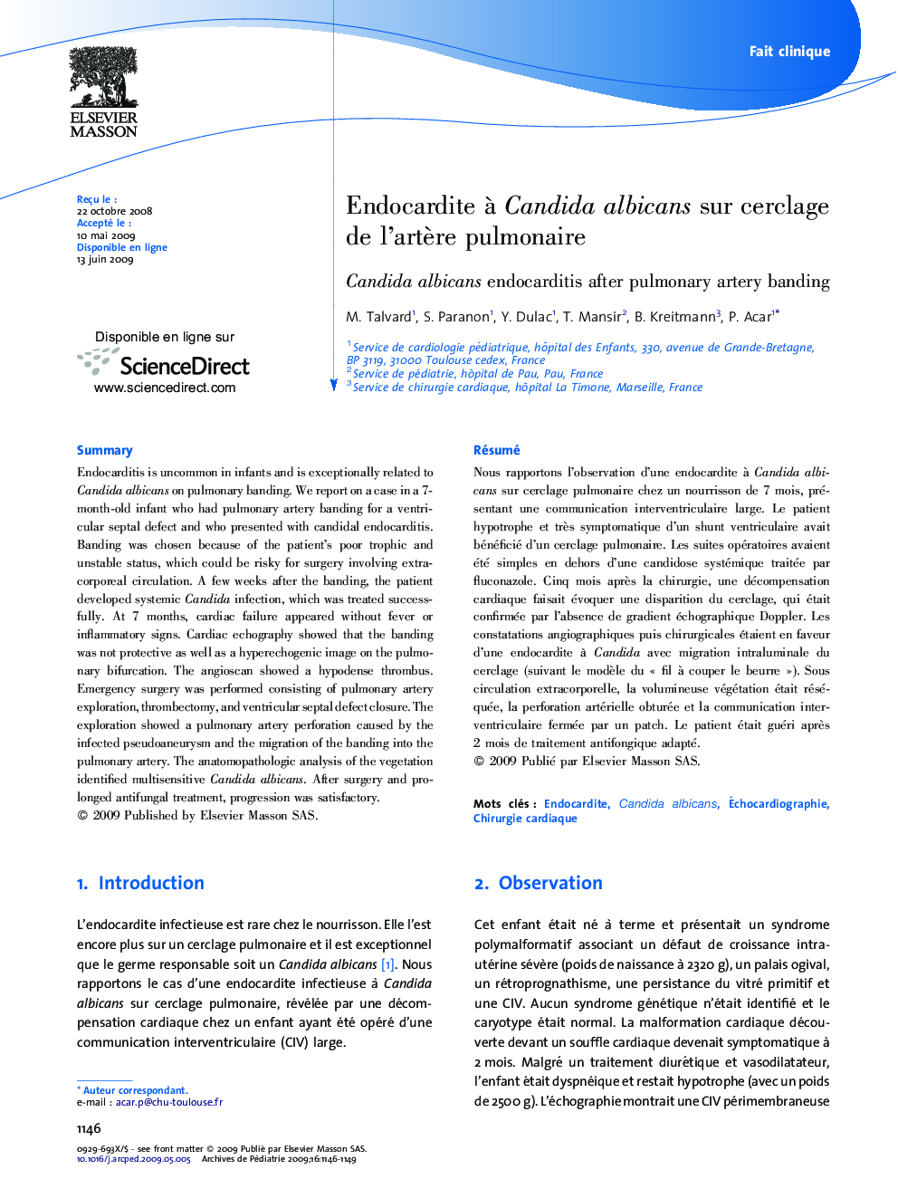 Endocardite à Candida albicans sur cerclage de l’artère pulmonaire