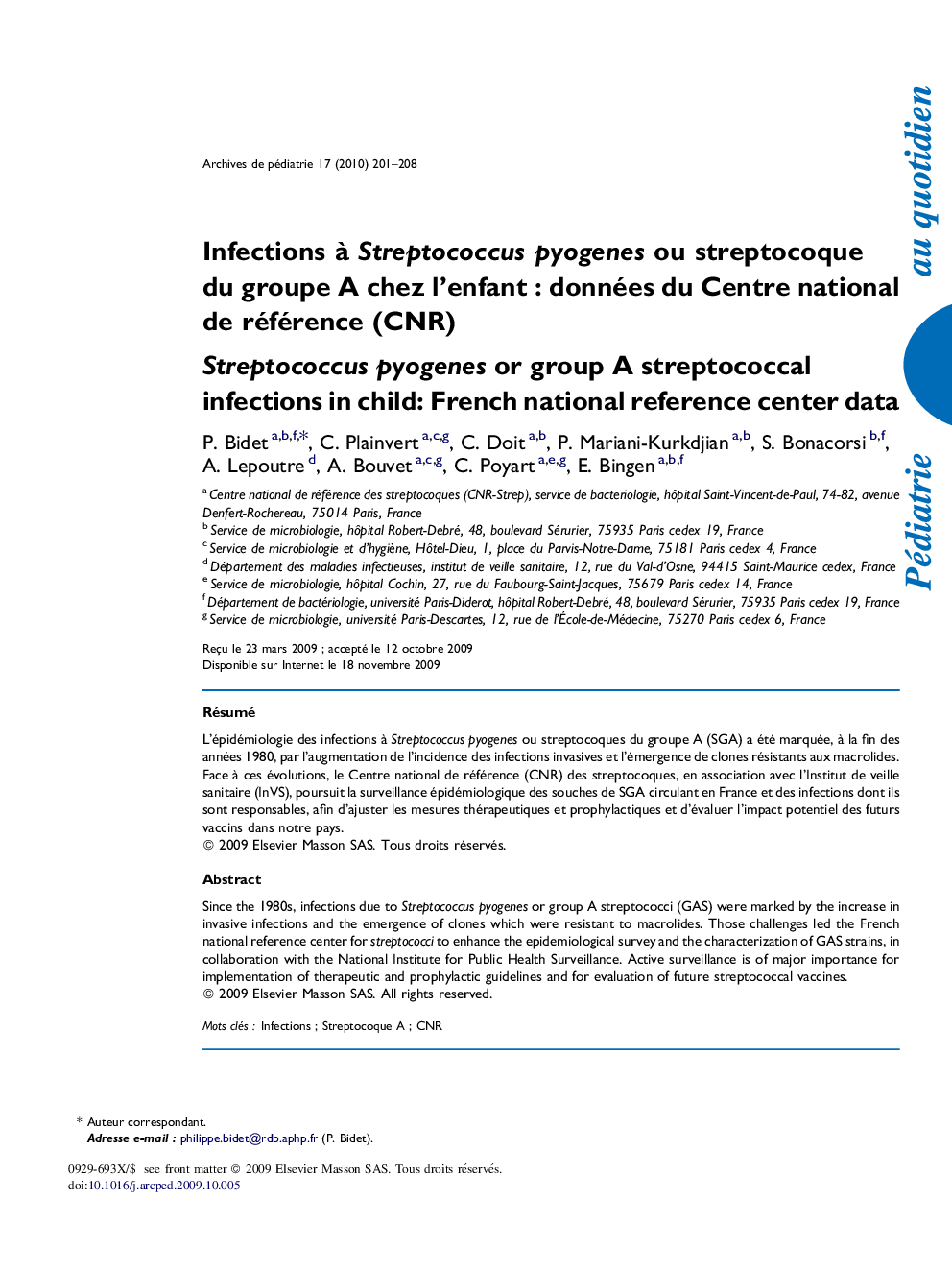 Infections à Streptococcus pyogenes ou streptocoque du groupe A chez l’enfant : données du Centre national de référence (CNR)