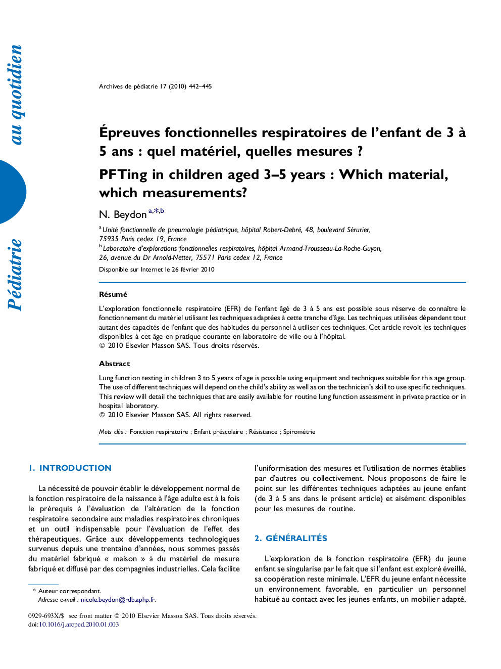 Ãpreuves fonctionnelles respiratoires de l'enfant de 3Â Ã  5Â ansÂ : quel matériel, quelles mesuresÂ ?