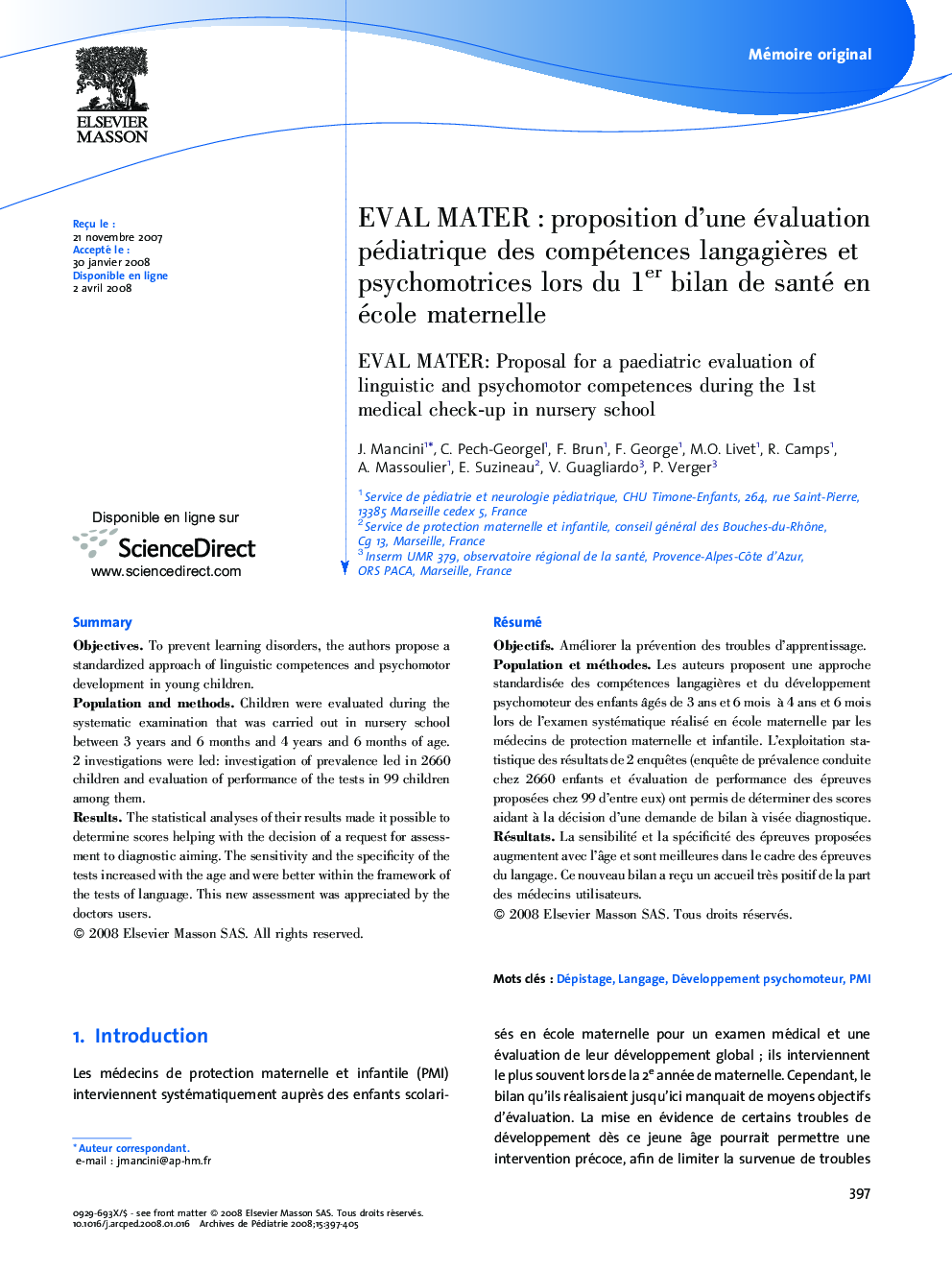 EVAL MATER : proposition d’une évaluation pédiatrique des compétences langagières et psychomotrices lors du 1er bilan de santé en école maternelle