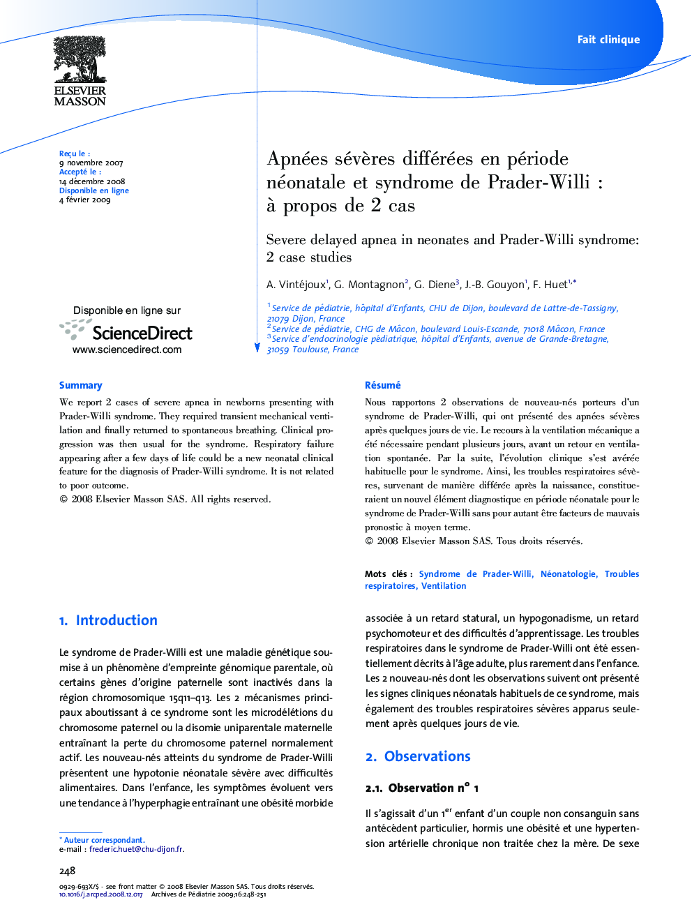 Apnées sévÃ¨res différées en période néonatale et syndrome de Prader-WilliÂ : Ã  propos de 2 cas