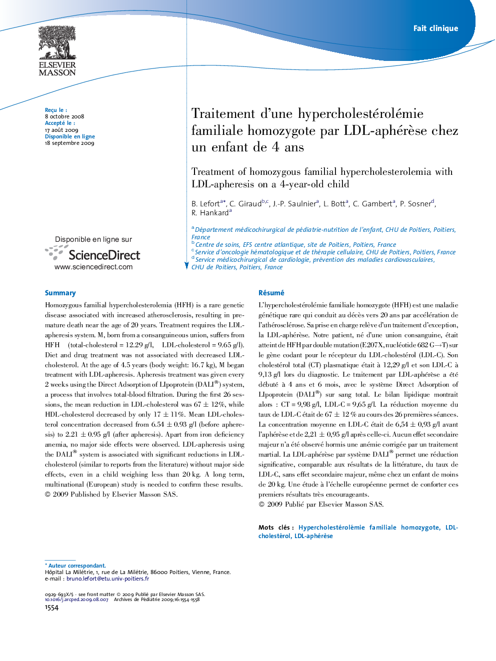 Traitement d’une hypercholestérolémie familiale homozygote par LDL-aphérèse chez un enfant de 4 ans