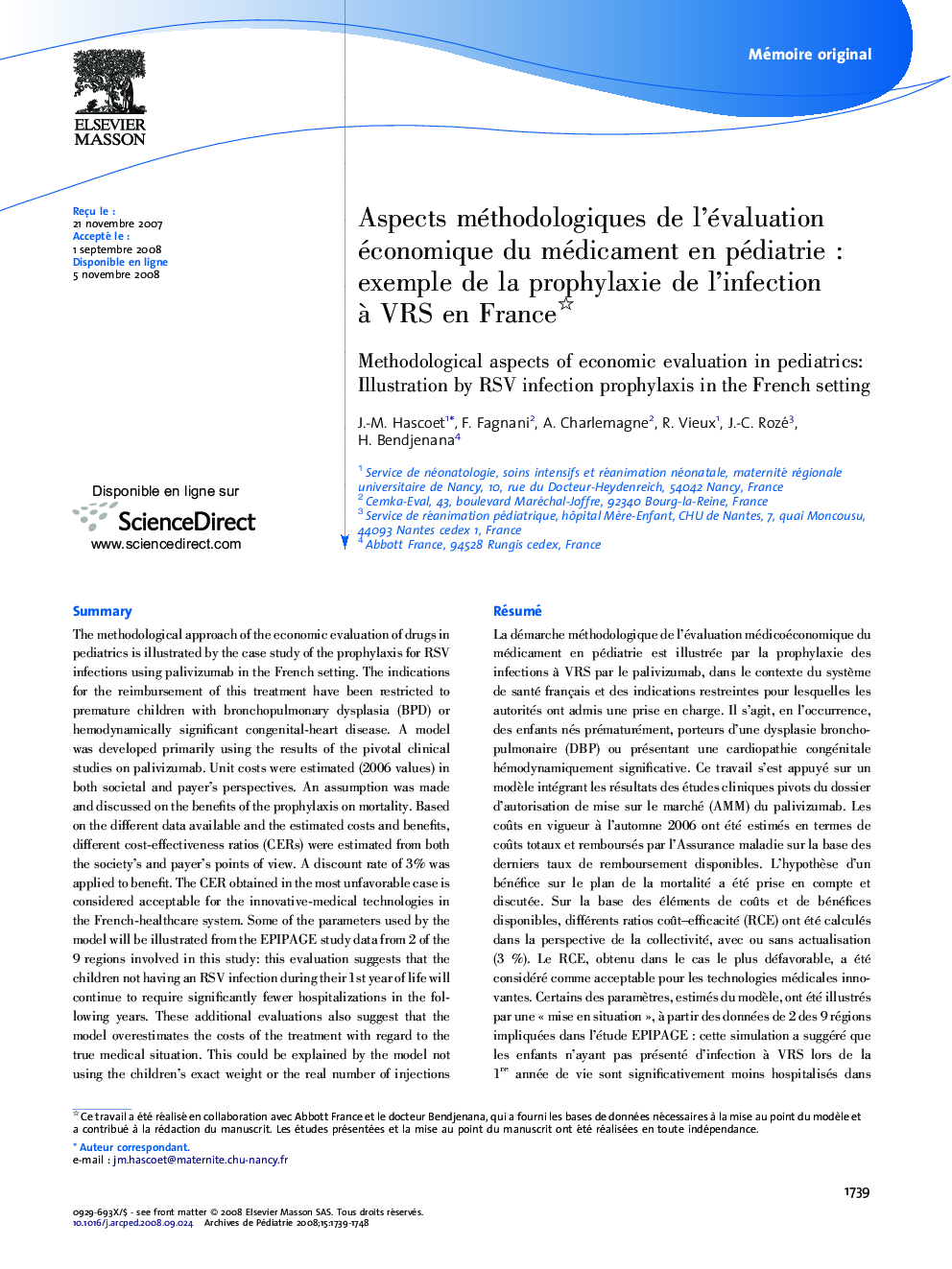 Aspects méthodologiques de l'évaluation économique du médicament en pédiatrieÂ : exemple de la prophylaxie de l'infection Ã  VRS en France