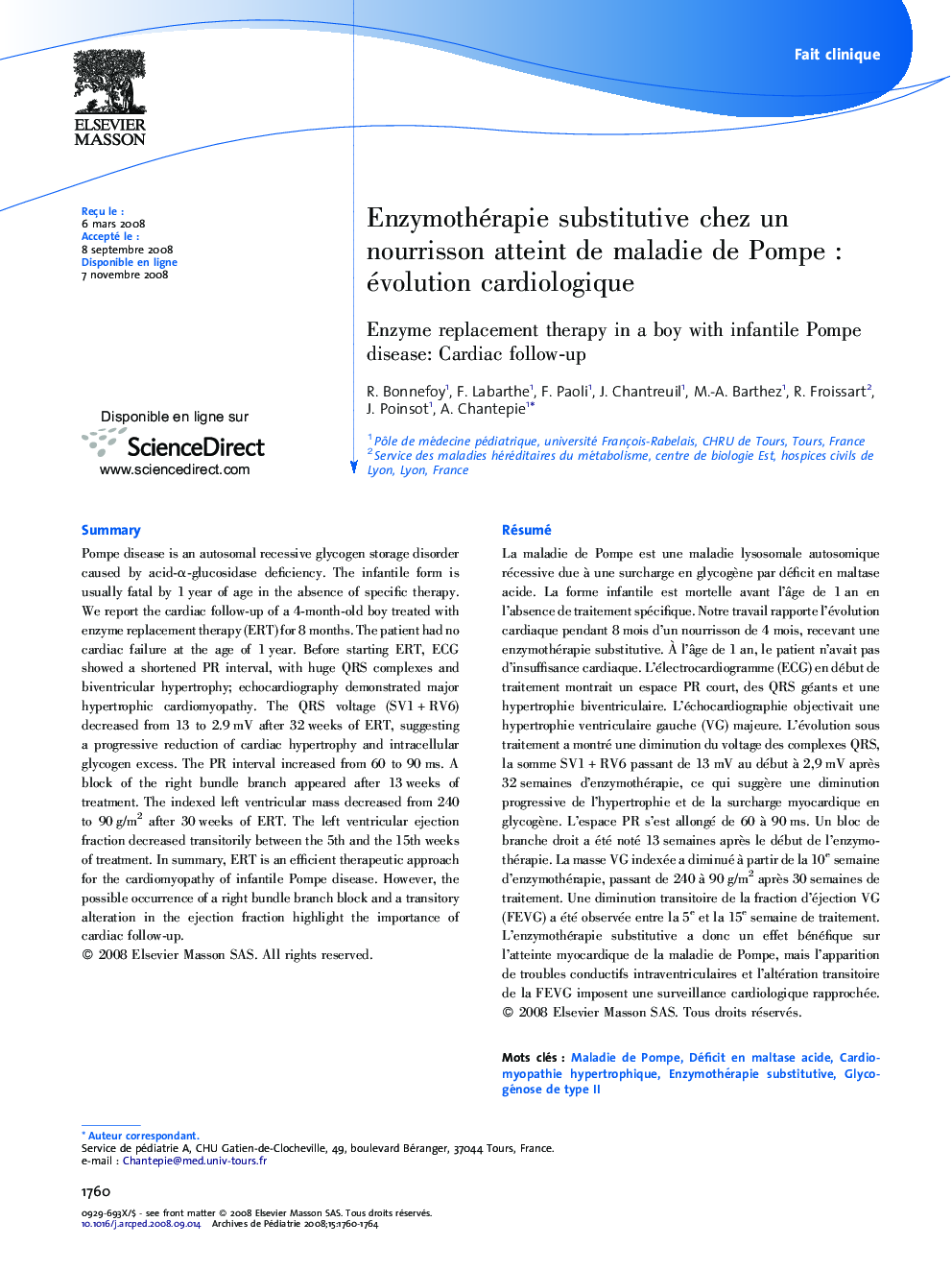 Enzymothérapie substitutive chez un nourrisson atteint de maladie de Pompe : évolution cardiologique