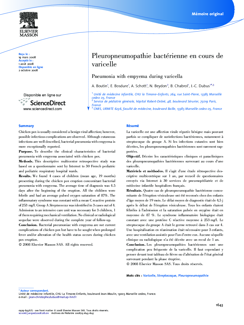 Pleuropneumopathie bactérienne en cours de varicelle