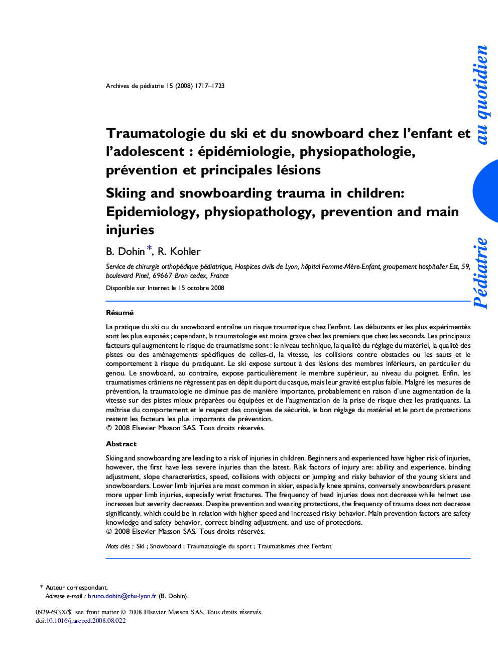 Traumatologie du ski et du snowboard chez l’enfant et l’adolescent : épidémiologie, physiopathologie, prévention et principales lésions